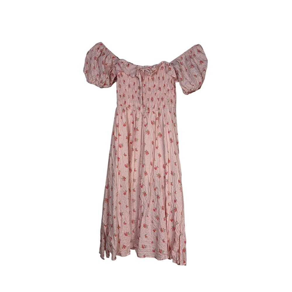 R. Vivimos Pink Floral Smocked Puff Sleeve Midi Dress M Cottagecore Milkmaid NWT